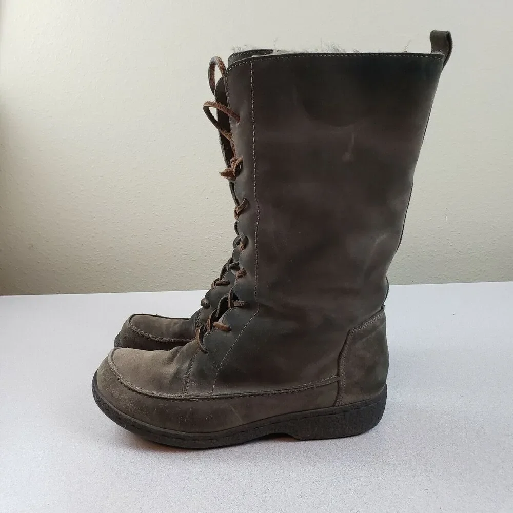 Sam‎ Edelman Womens Brown Leather Round Toe Mid Calf Lace Up Snow Boots Size 7
